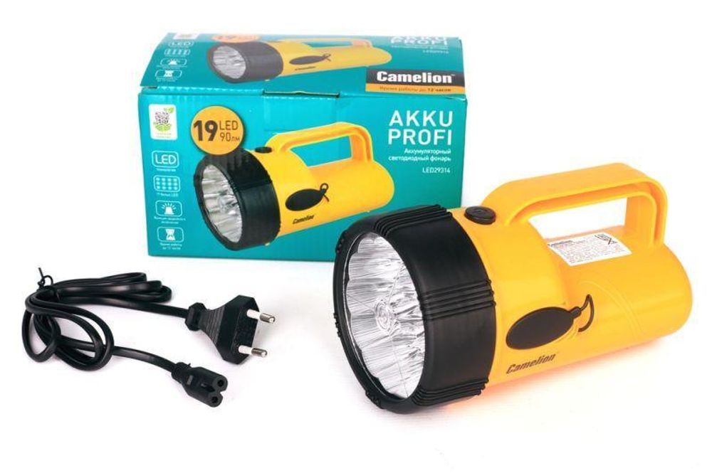 Фонарь аккумуляторный LED29314 19LED аккум. 4В 2.3А.ч 220В желт. Camelion 10471