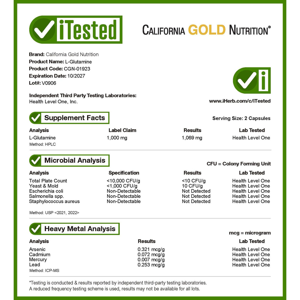 California Gold Nutrition, AjiPure®, L-глютамин, 120 растительных капсул (500 мг в 1 капсуле)