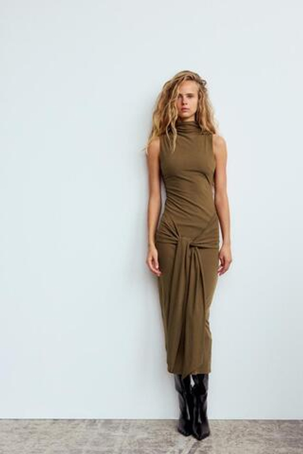 ZARA ПЛАТЬЕ МИДИ С УЗЛОМ И БАНТОМ, ТЕМНЫЙ РЫЖЕВАТО-КОРИЧНЕВЫЙ