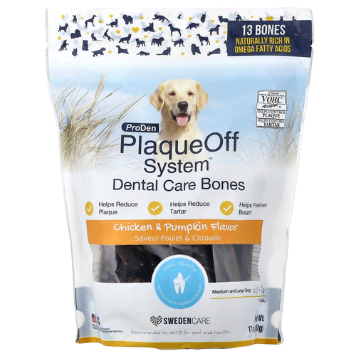 ProDen, PlaqueOff System™, Dental Care Bones, для средних и крупных собак, со вкусом курицы и тыквы, 13 костей, 482 г (17 унций)