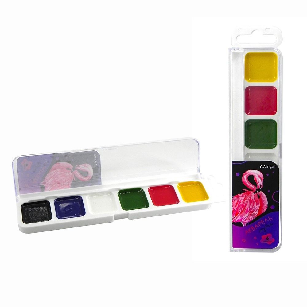 Акварель Alingar медовая, 6 цветов, без кисти, пластик, европодвес, "Фламинго" Акварель Alingar медовая, 6 цветов, без кисти, пластик, европодвес, "Фламинго"