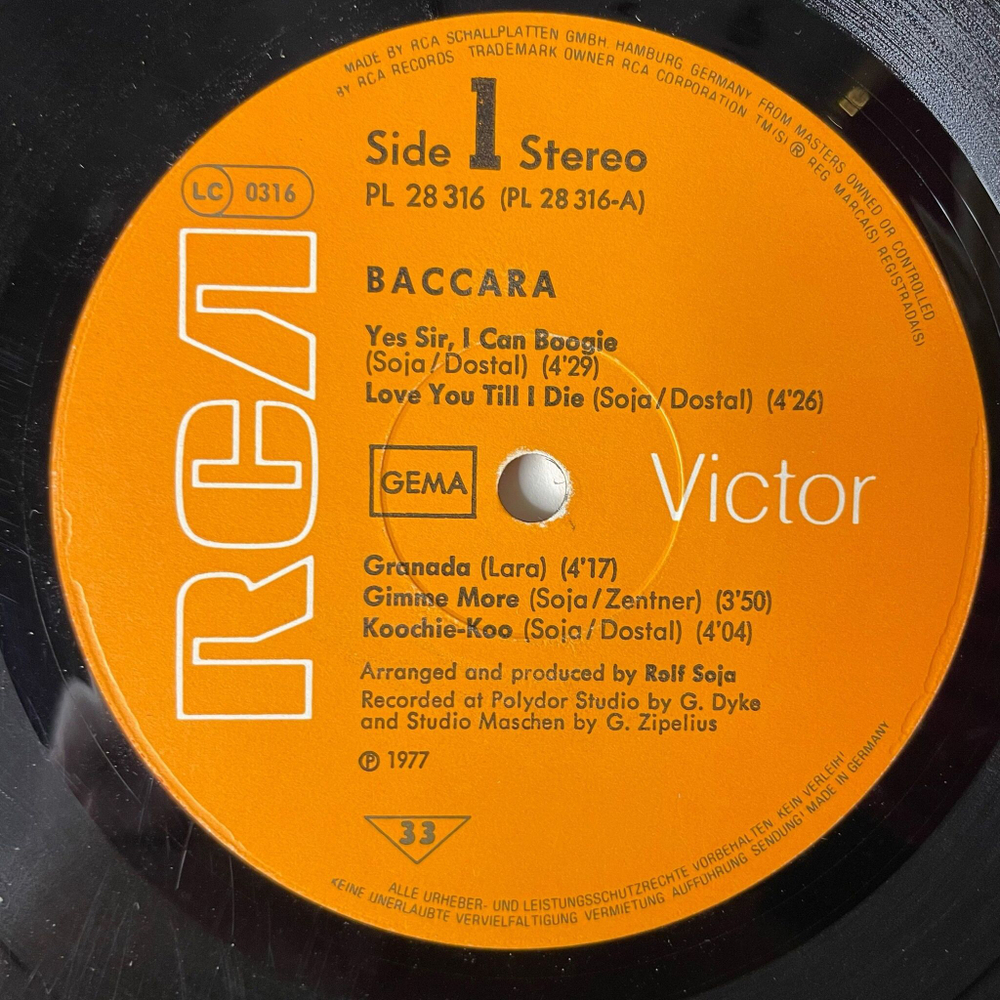 Винтажная виниловая пластинка LP Baccara (Germany 1977) Yes Sir, I Can Boogie