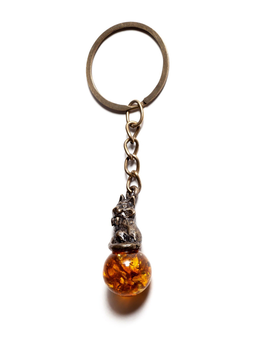 Брелок с янтарем натуральным - Котик, диаметр камня 13 мм