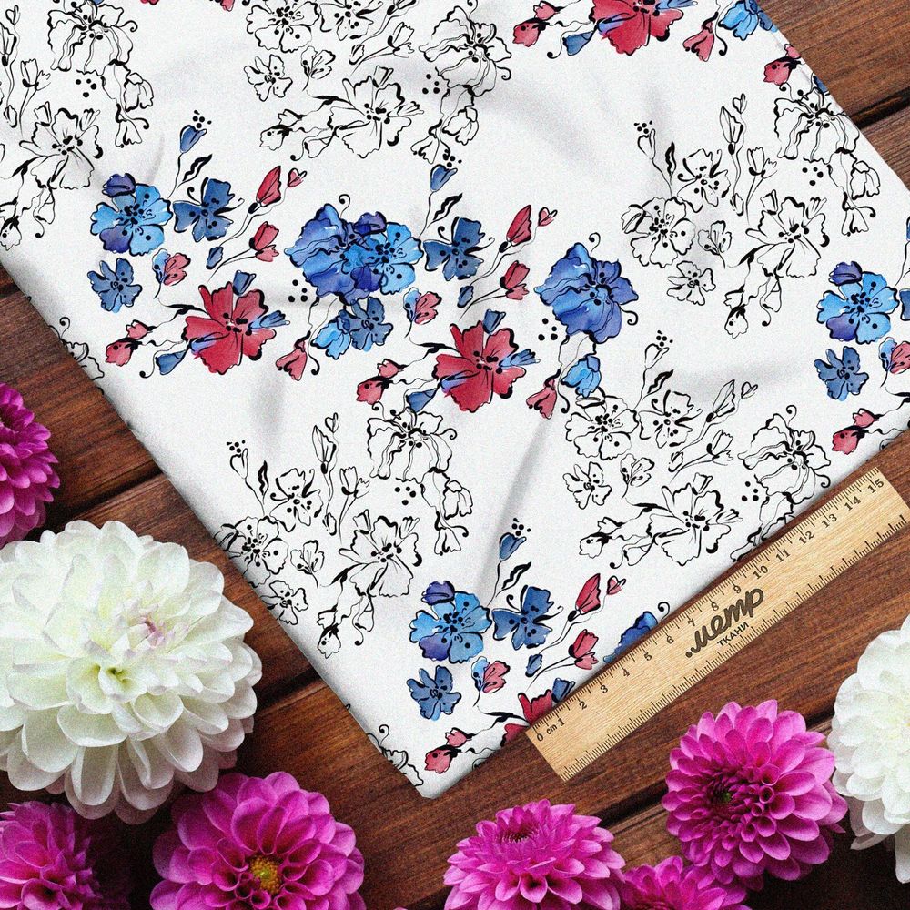 Ткань поплин полевые цветочки с контурами