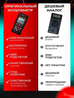 Мультиметр цифровой автоматический, тестер электрический, 4000 отсчетов, вольтметр измерение напряжения переменного и постоянного тока с автодиапазоном