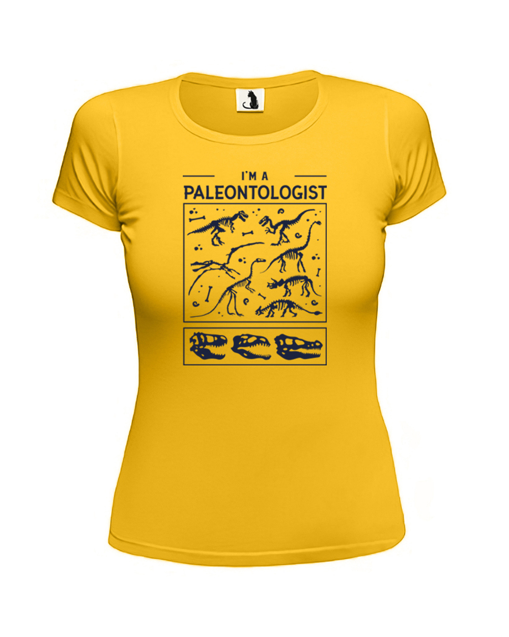 Футболка Я палеонтолог женская приталенная желтая с синим рисунком