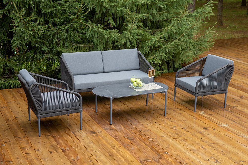 "Канны" лаунж-зона 4-местная (разборная) из роупа со столиком "Диего" цвета "серый гранит", роуп темно-серый круглый, ткань темно-серая