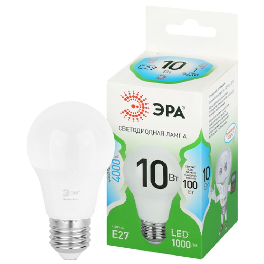 Лампа светодиодная ЭРА GREEN LINE LED A60-10W-840-E27 GL 10Вт груша яркий белый свет E27 | Лампы cветодиодные Груша (A)