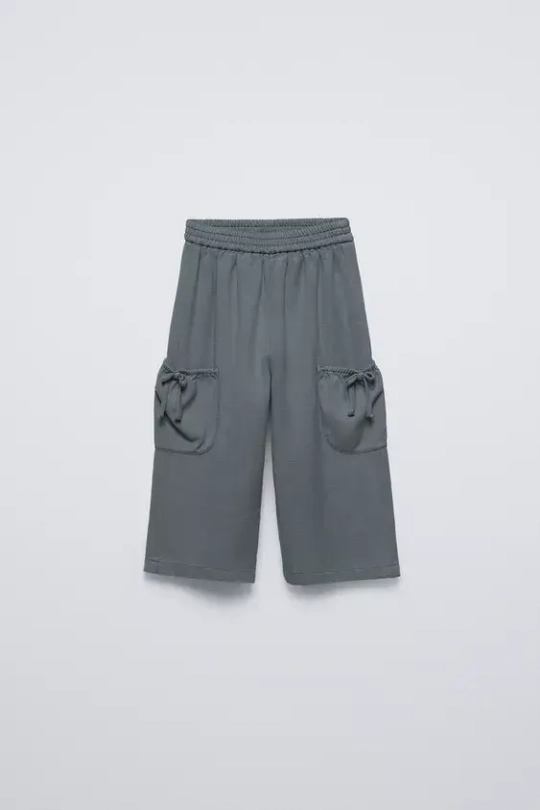 ZARA БРЮКИ ИЗ СТРУЯЩЕЙСЯ ТКАНИ С БАНТАМИ, СЕРЫЙ