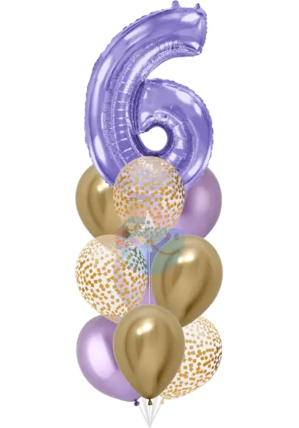 Фонтан c сиреневой цифрой «6» из 10 воздушных шаров с гелием