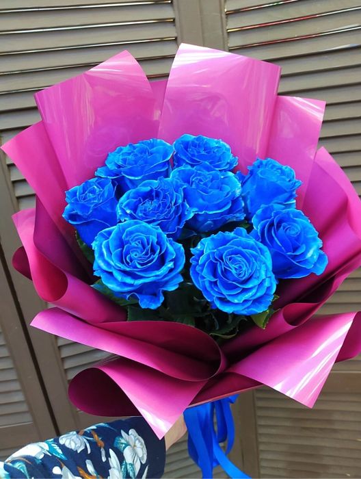Букет из 9 синих роз в оформлении #1789