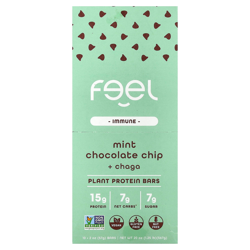The Feel Bar, Immune, батончики с растительным протеином, со вкусом мяты и шоколадной крошки и чаги, 10 батончиков по 57 г (2 унции)