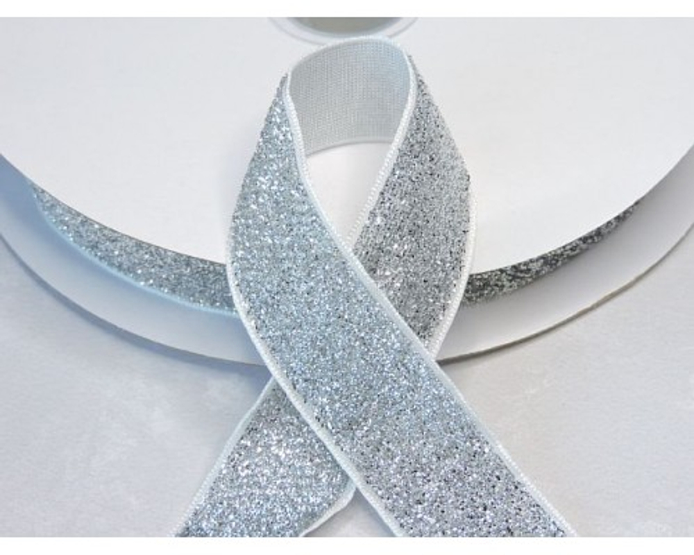 Лента бархатная с люрексом ,3,8 см, (SF- 7318) белый/серебро № 11, РФ