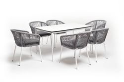 "Малага" обеденная группа на 6 персон со стульями "Марсель", каркас белый, роуп светло-серый