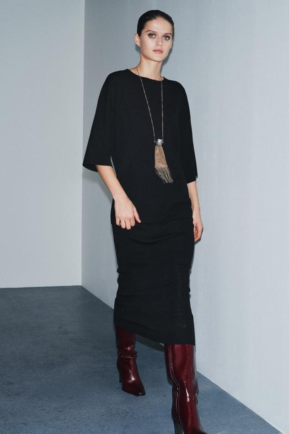 ZARA ТРИКОТАЖНАЯ ЮБКА МИДИ, ЧЕРНЫЙ