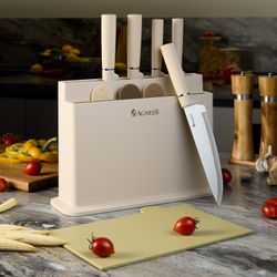 НАБОР AGNESS ИЗ 10ПР: 5 НОЖЕЙ, 4 ДОСКИ И ПОДСТАВКА, ЦВЕТ: БЕЖЕВЫЙ