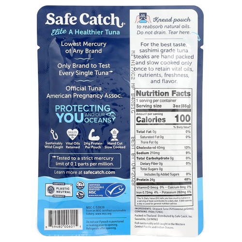Safe Catch, Elite, дикий тунец, чистый, 85 г (3 унции)