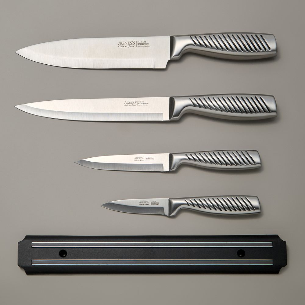 НАБОР НОЖЕЙ AGNESS 5 ПР.С МАГНИТНЫМ ДЕРЖАТЕЛЕМ И РУЧКОЙ ИЗ НЕРЖ.СТАЛИ