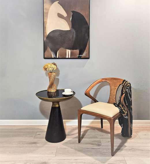 Стол журнальный Bell, Ø50х60 см, черное стекло, дерево, латунь