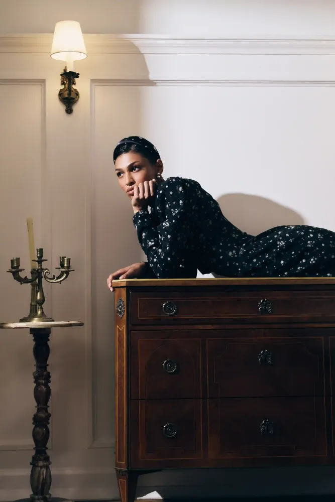 Macel midi, платье миди из черного крепдешина с цветочным принтом