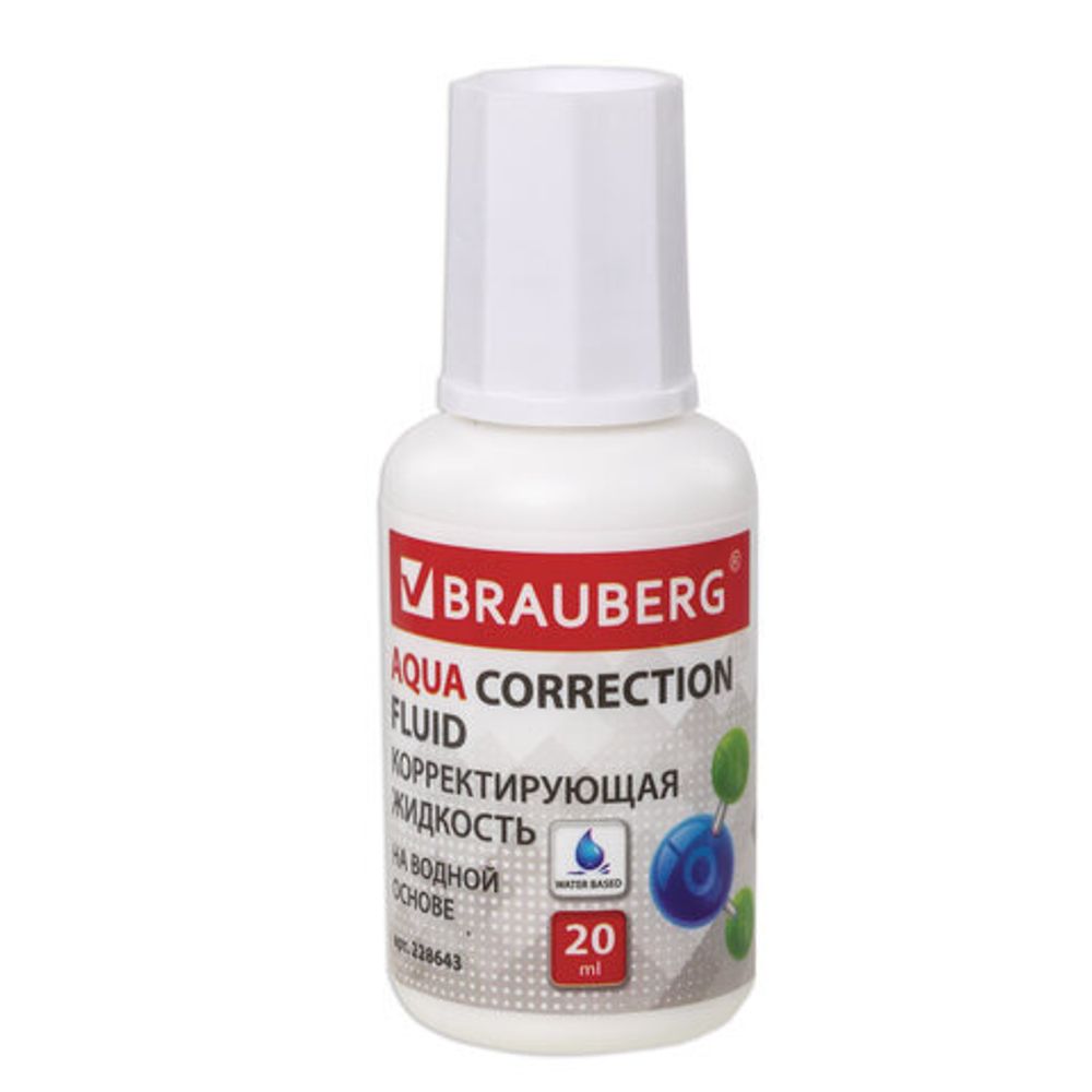 Корректирующая жидкость BRAUBERG "Aqua" на водной основе 20 мл, с кисточкой, 228643