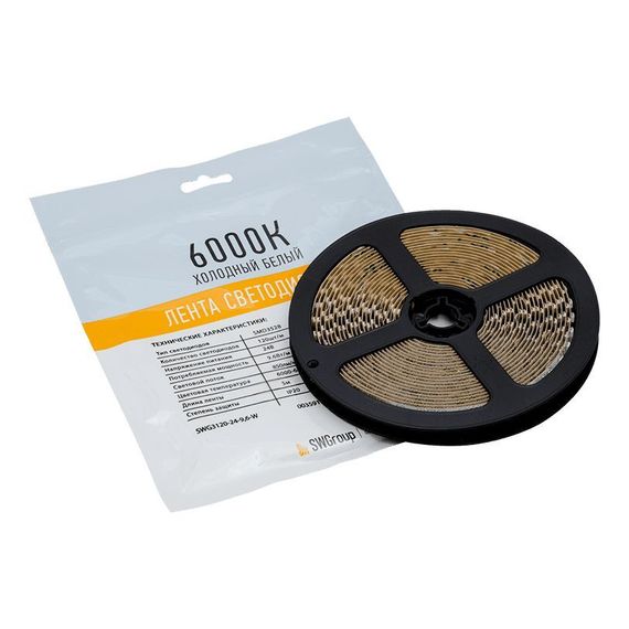 Светодиодная лента SWG 9,6W/m 120Led/m 3528SMD холодный белый 5M SWG3120-24-9.6-W-М 009467