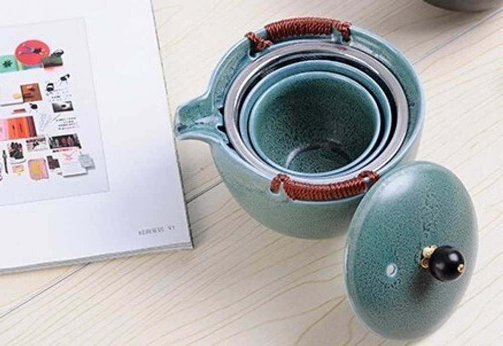 268124.1 Сервиз ДОРОЖНЫЙ "Каменный"  чайник 180мл, 2 пиалы, сито в дор.сумке, керамика бирюзовый