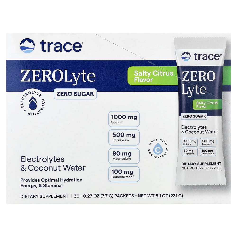 Trace, ZEROLyte, электролиты и кокосовая вода, со вкусом соленого цитруса, 30 пакетиков по 7,7 г (0,27 унции)