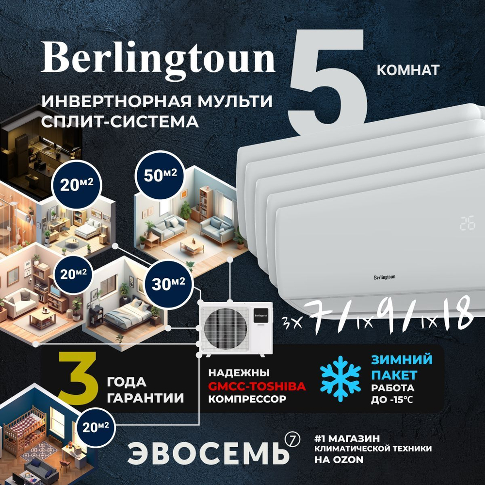 Инверторная мульти сплит-система Berlingtoun на 5 комнат (20м2x3 + 30м2 + 50м2) BMO-42/5AIN1/BMI-07AIN1x3 + BMI-09AIN1 + BMI-18AIN1