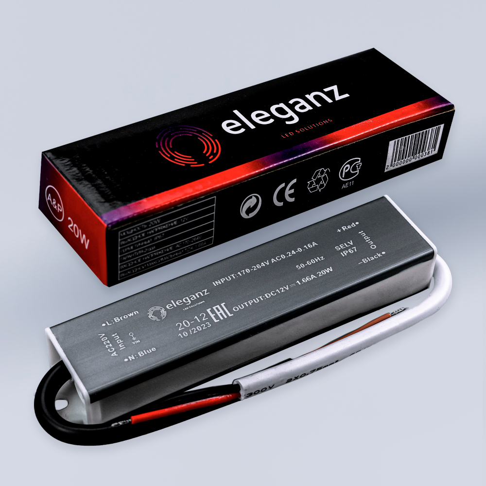 Блок питания 20Вт, 12В, 1.66A, IP67 ELEGANZ