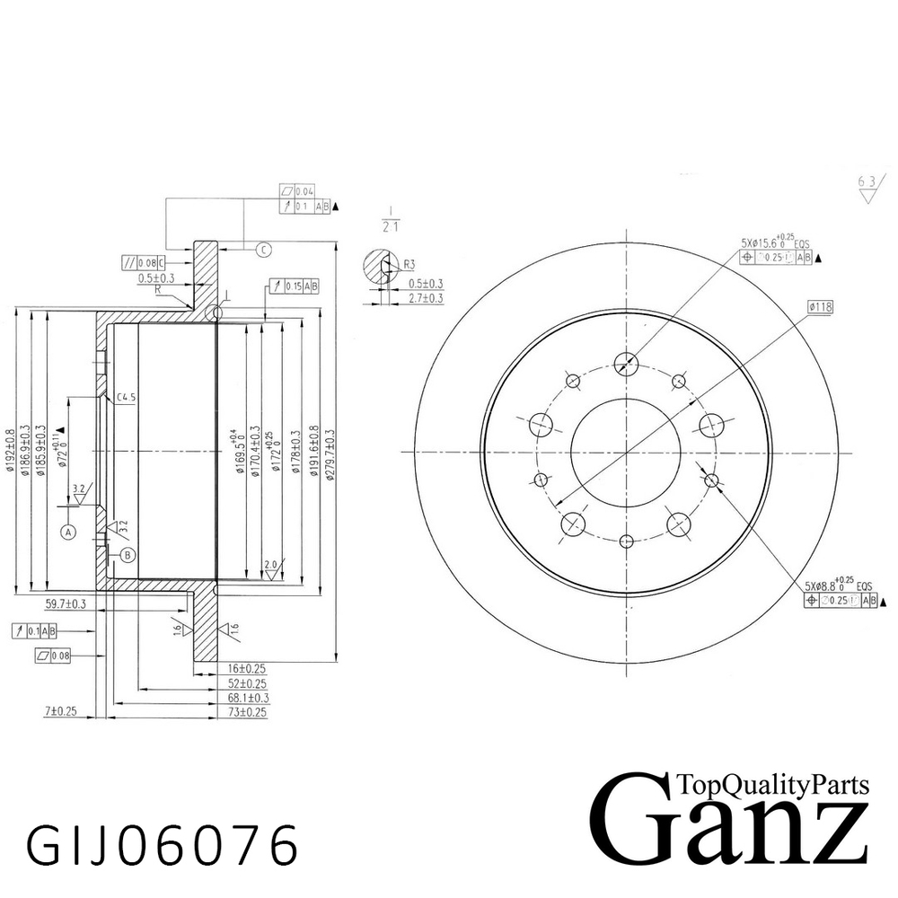 Диск тормозной задний с покрытием CITROEN/FIAT/PEUGEOT all Bus 2006 /D=280mm GANZ GIJ06076