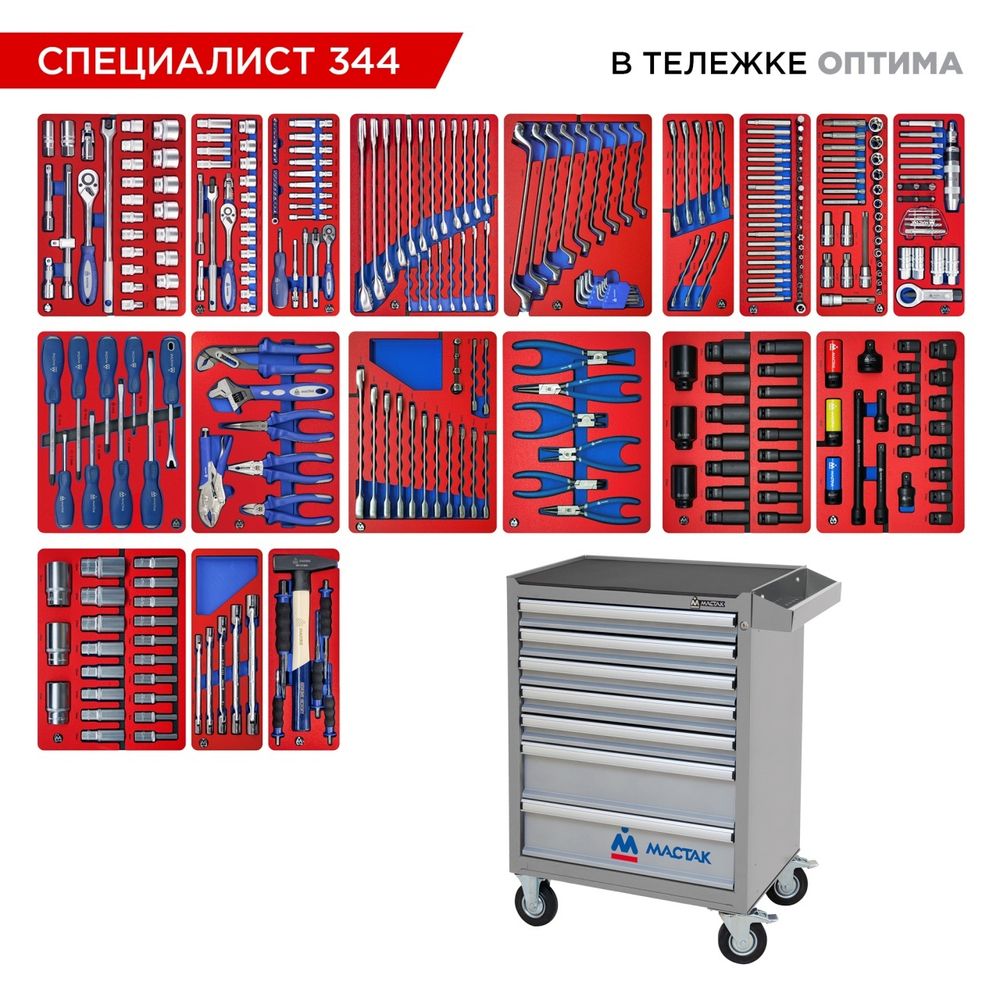 МАСТАК (52-07344G) Набор инструментов 344 предмета, "СПЕЦИАЛИСТ 344", в серой тележке