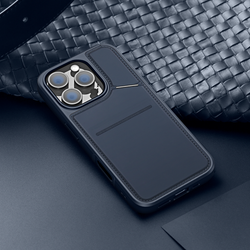 Чехол синего цвета с поддержкой MagSafe и подставкой-картхолдером от Dux Ducis для iPhone 16 Pro, серия Rafi II Mag Series