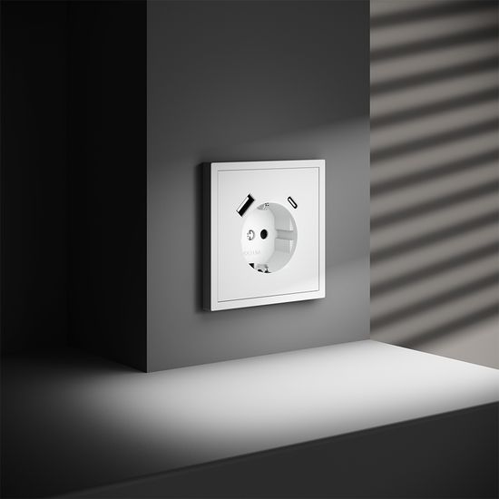 Розетка встраиваемая VOLTUM S70 с заземлением и защитными шторками, 16А, с USB, A+С, (белый матовый)