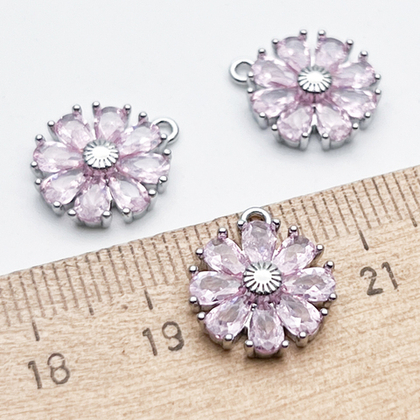 Подвеска Цветок, цвет серебро (родий) + розовый, размер 15*12 мм, цена за 1 шт