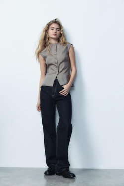 ZARA ТОП В КЛЕТКУ С ПУГОВИЦАМИ, БОРДОВЫЙ/ЭКРЮ