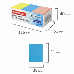 Блоки самоклеящиеся (стикеры) BRAUBERG 38х51 мм, 100 листов, НАБОР 12 штук, 3 неоновых цвета, 111345