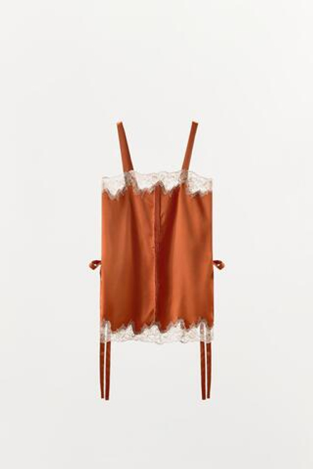 ZARA АТЛАСНЫЙ ТОП С ВЫШИВКОЙ И ЗАВЯЗКАМИ, ОРАНЖЕВЫЙ