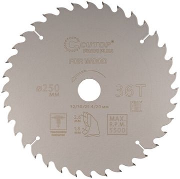 Диск пильный по дереву с тефлоновым покрытием 36Т, CUTOP Profi plus, 250 х 1,8/2,6 х 32/30/25,4/20 мм