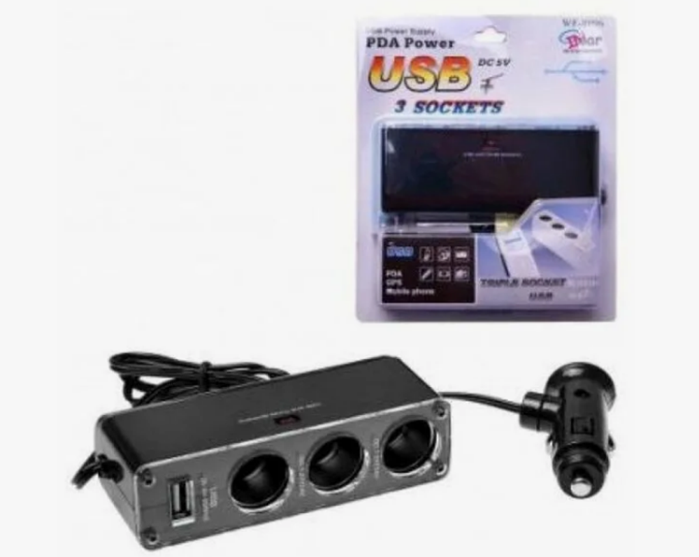 Разветвитель прикуривателя 3гнезда + 1USB+ провод RV-001/WF0096
