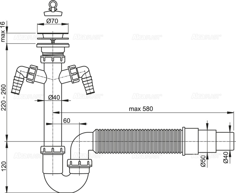 Сифон для мойки AlcaPlast A840-DN50/40