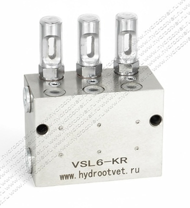VSL6-KR - Питатель для двухлинейных систем смазки с рабочим давлением 400 бар, количество выходов 6, максимальная доза 5 мл/цикл, с регулятором и индикатором