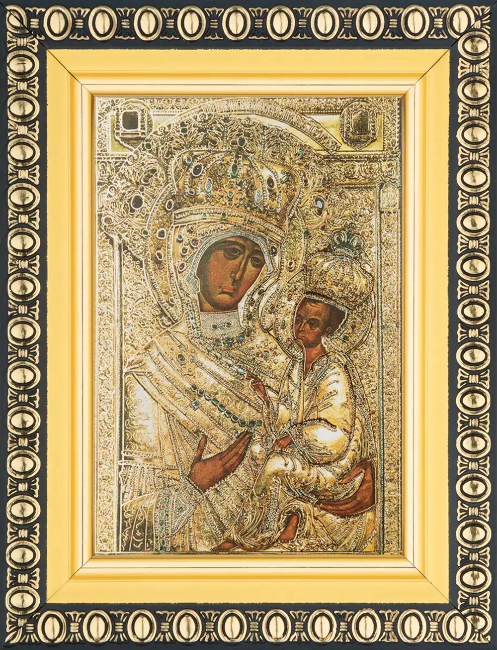 Икона БМ "Тихвинская" в ризе, 6х9 в раме 8х11