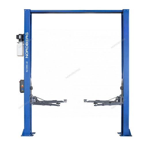 Подъемник двухстоечный 4 т, верхняя синхронизация, с электростопорами, H=3,6 м, 380 В, синий NORDBER