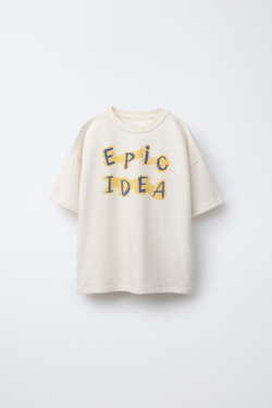 ZARA ФУТБОЛКА ИЗ РЕЛЬЕФНОЙ ТКАНИ С НАДПИСЬЮ, ЭКРЮ