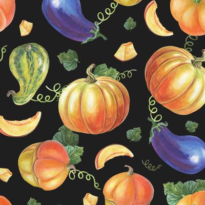 Урожай. Овощи. Тыквы и баклажаны