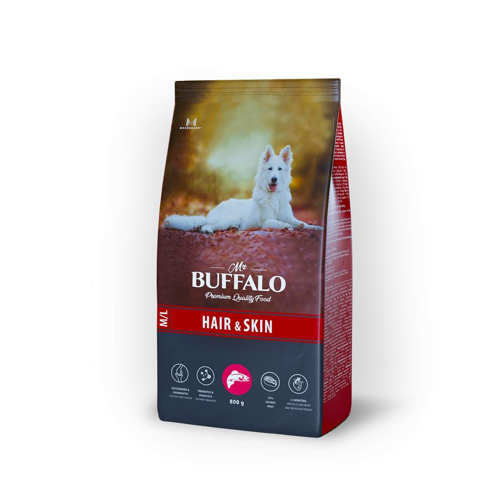 Сухой корм Mr. Buffalo Hair &amp; Skin для здоровой кожи и красивой шерсти собак, лосось, 800 г