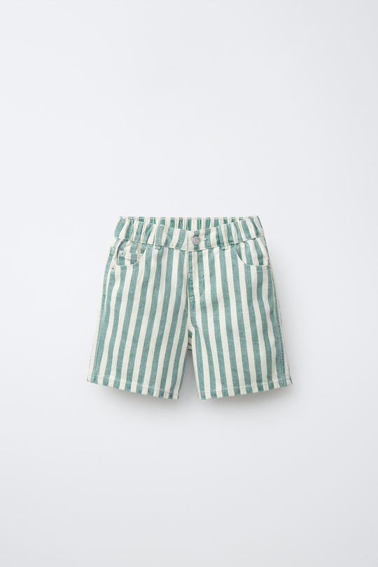 ZARA ДЖИНСОВЫЕ ШОРТЫ BAGGY В ПОЛОСКУ, ЗЕЛЕНАЯ ПОЛОСА
