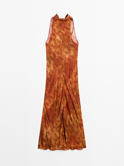 Massimo Dutti Длинное платье из струящейся ткани с принтом, оранжевый