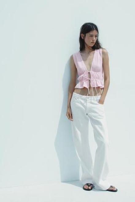 ZARA ТОП В КЛЕТКУ ВИШИ С ЗАВЯЗКАМИ, РОЗОВЫЙ/БЕЛЫЙ